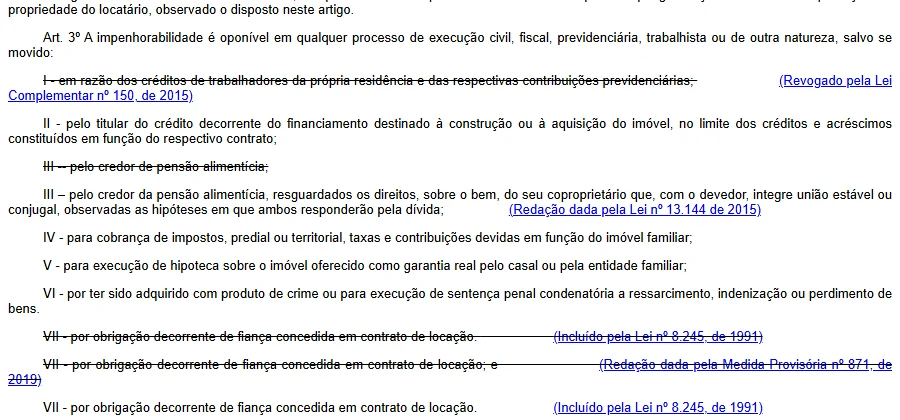 Trecho do artigo 3º da Lei 8.009, com o inciso VII sobre a fiança em contrato de locação